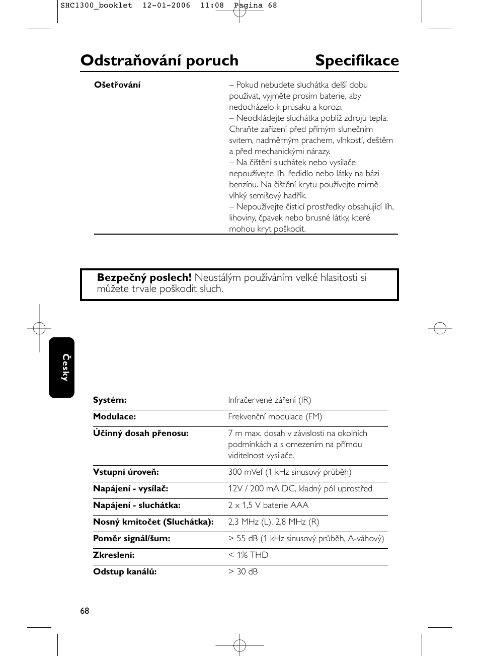 Odstraňování poruch specifikace | Philips SHC1300-61 User Manual | Page 68 / 94