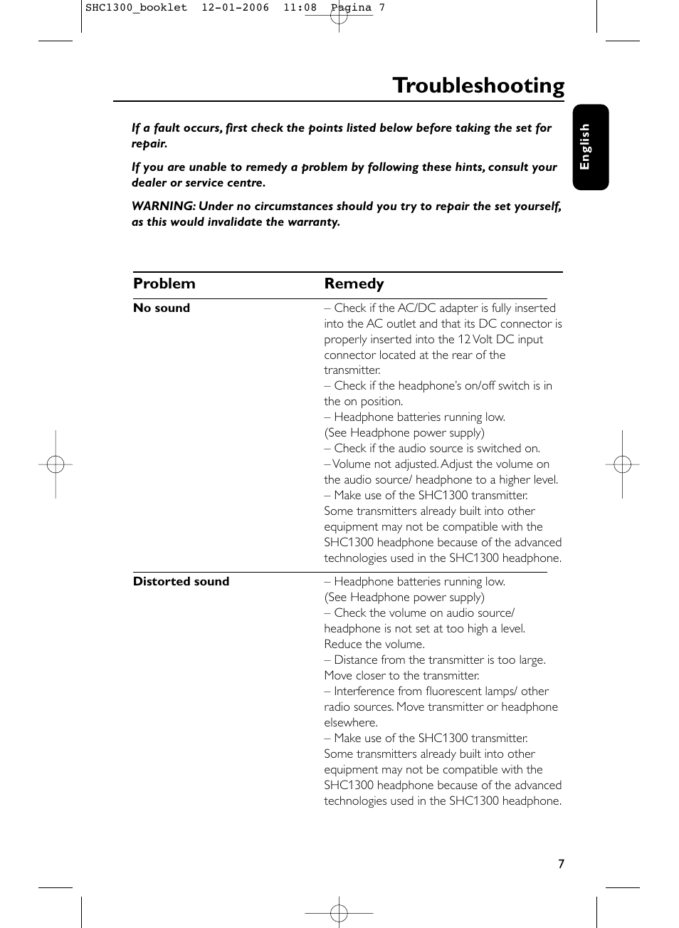 Troubleshooting | Philips SHC1300-61 User Manual | Page 7 / 94