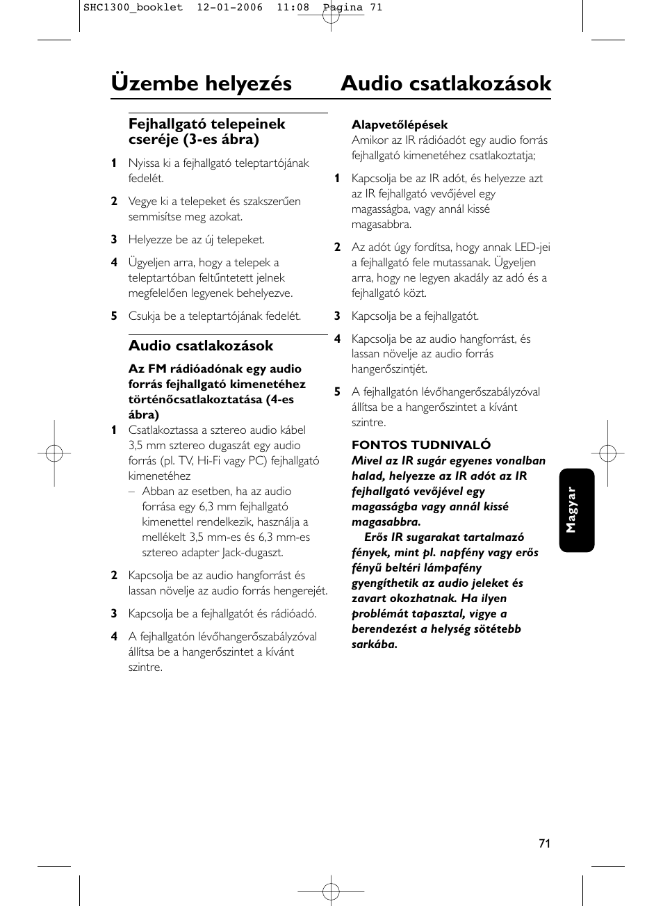 Üzembe helyezés audio csatlakozások | Philips SHC1300-61 User Manual | Page 71 / 94