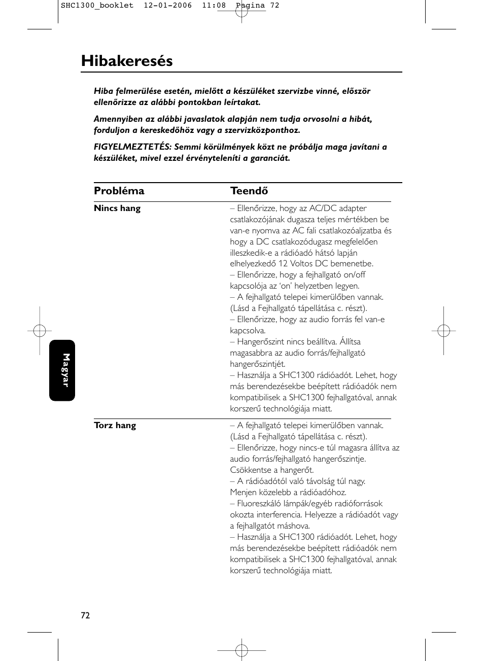 Hibakeresés | Philips SHC1300-61 User Manual | Page 72 / 94