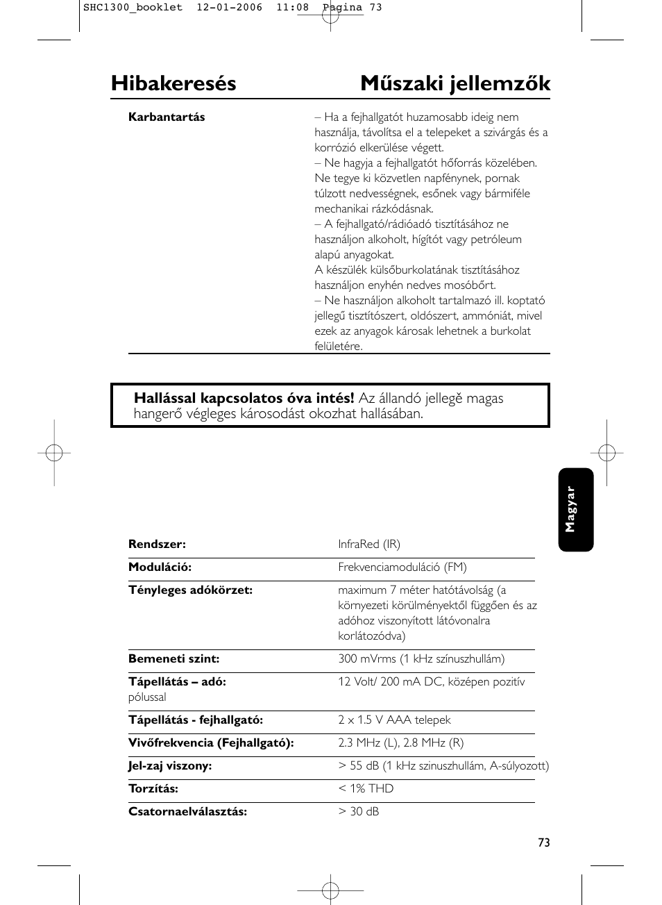 Hibakeresés műszaki jellemzők | Philips SHC1300-61 User Manual | Page 73 / 94