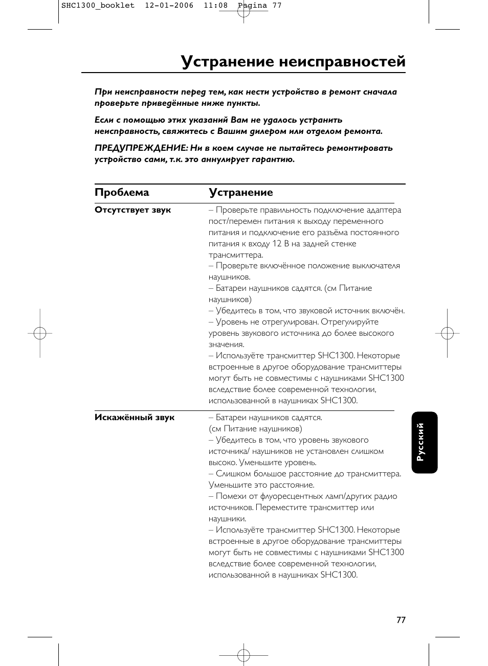 Устpанение неиспpавностей | Philips SHC1300-61 User Manual | Page 77 / 94