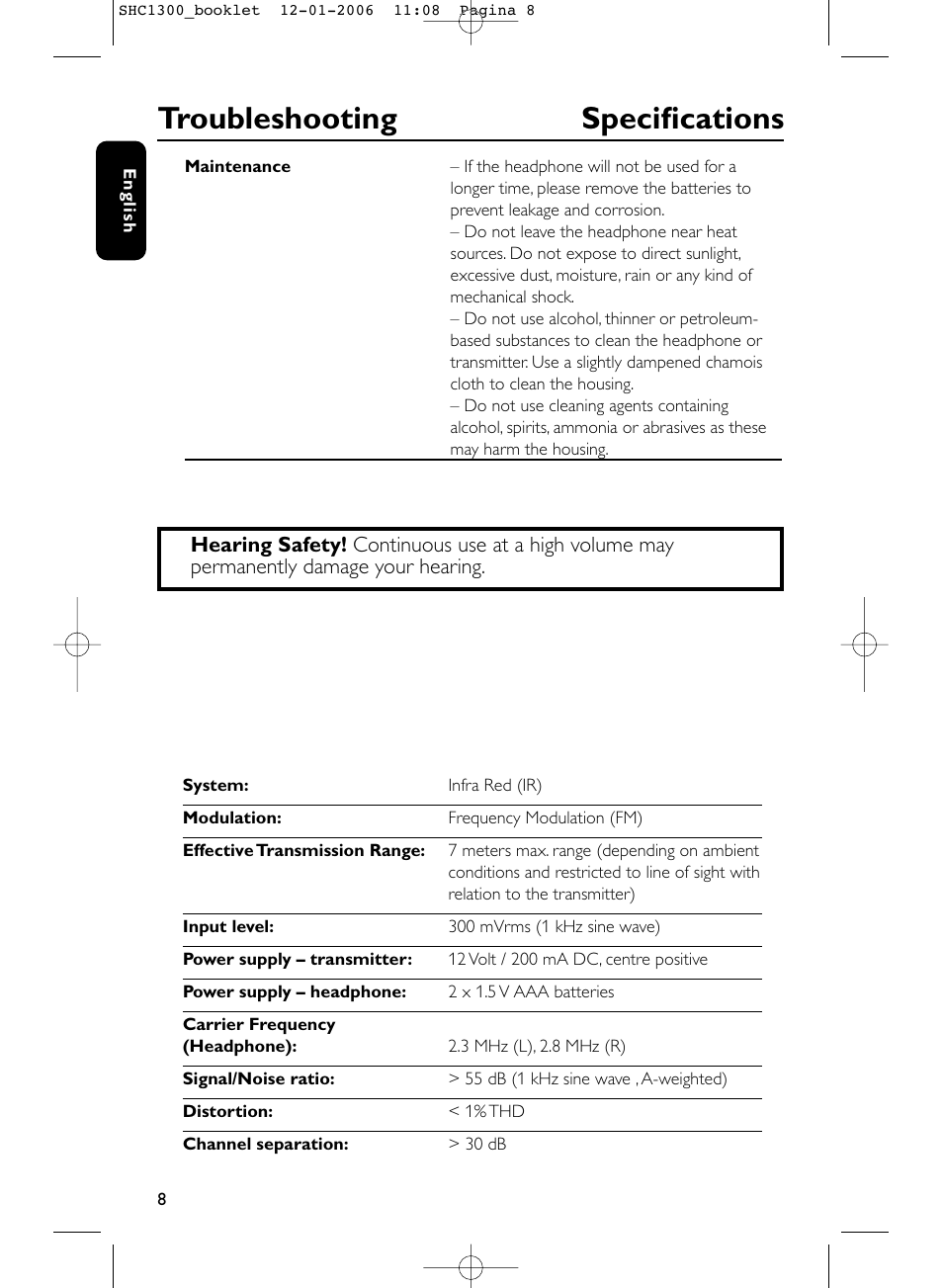 Troubleshooting specifications | Philips SHC1300-61 User Manual | Page 8 / 94