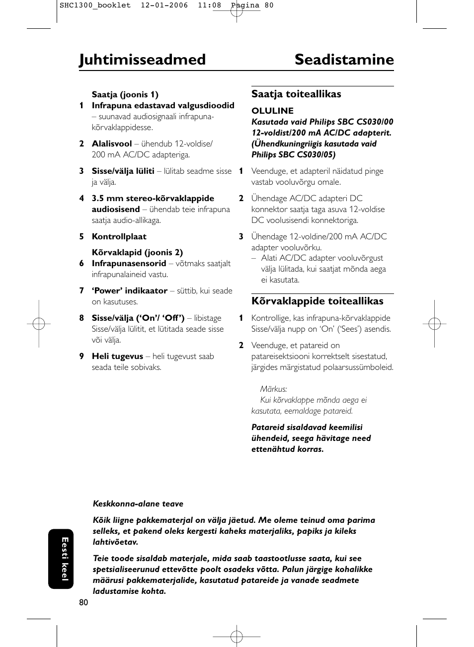 Juhtimisseadmed seadistamine | Philips SHC1300-61 User Manual | Page 80 / 94