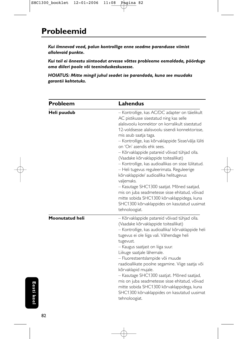 Probleemid | Philips SHC1300-61 User Manual | Page 82 / 94