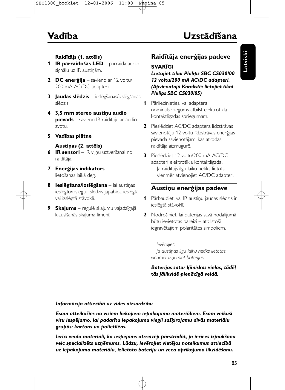 Vadība uzstādīšana | Philips SHC1300-61 User Manual | Page 85 / 94