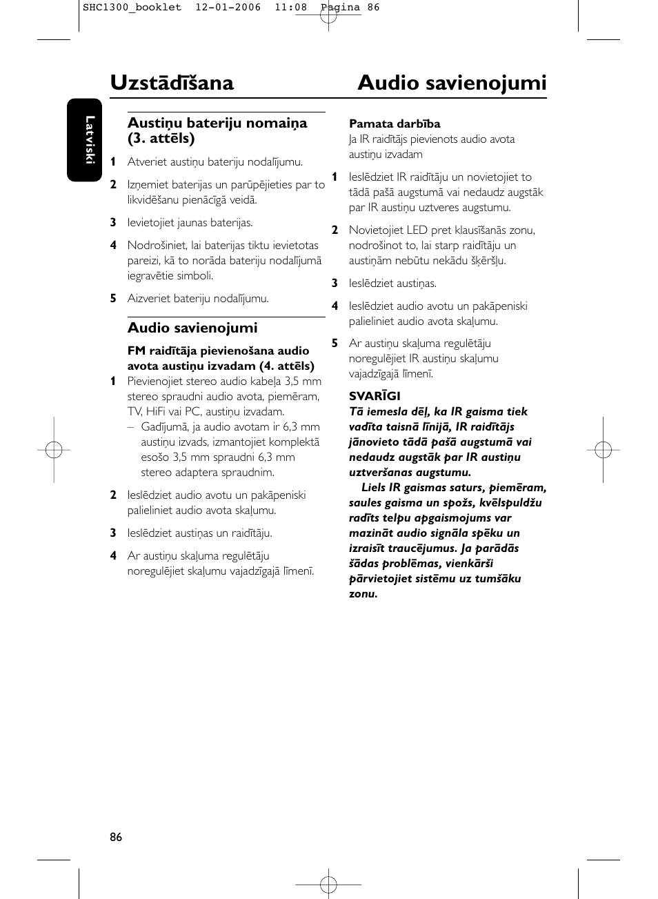 Uzstādīšana audio savienojumi | Philips SHC1300-61 User Manual | Page 86 / 94