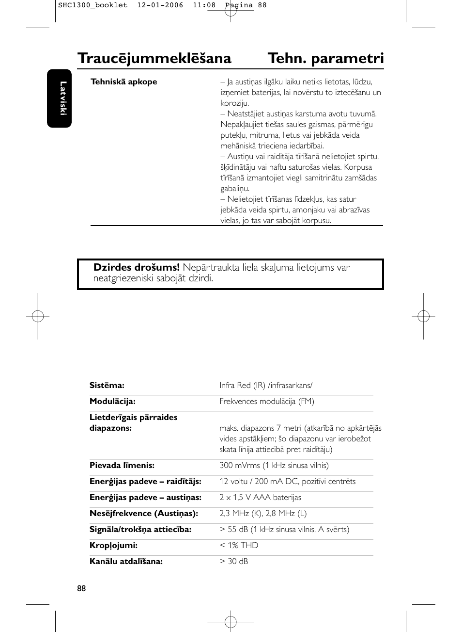 Traucējummeklēšana tehn. parametri | Philips SHC1300-61 User Manual | Page 88 / 94