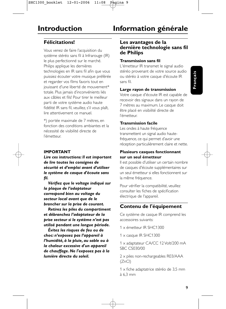 Introduction information générale | Philips SHC1300-61 User Manual | Page 9 / 94