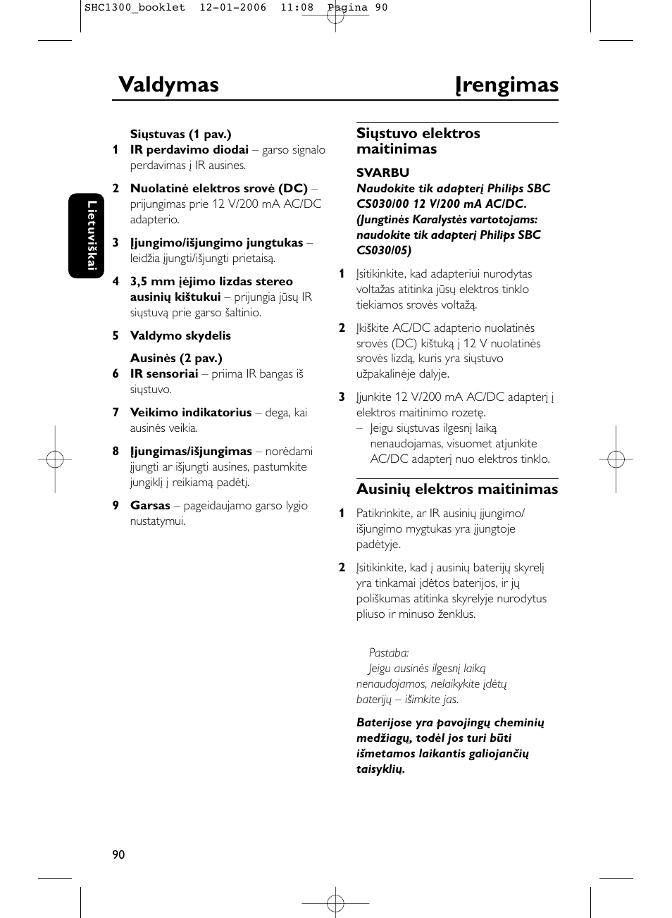 Valdymas įrengimas | Philips SHC1300-61 User Manual | Page 90 / 94