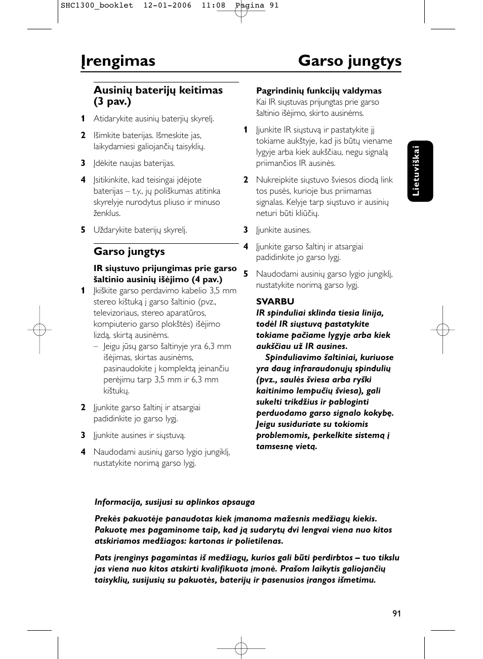 Įrengimas garso jungtys | Philips SHC1300-61 User Manual | Page 91 / 94