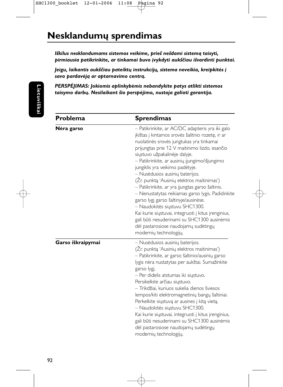 Nesklandumų sprendimas | Philips SHC1300-61 User Manual | Page 92 / 94