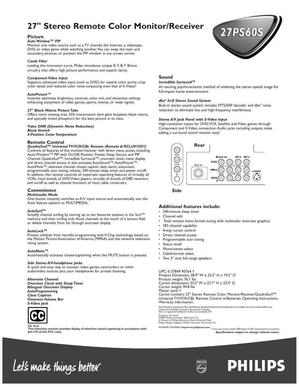 27ps60s, 27" stereo remote color monitor/receiver | Philips 27PS60S User Manual | Page 2 / 2