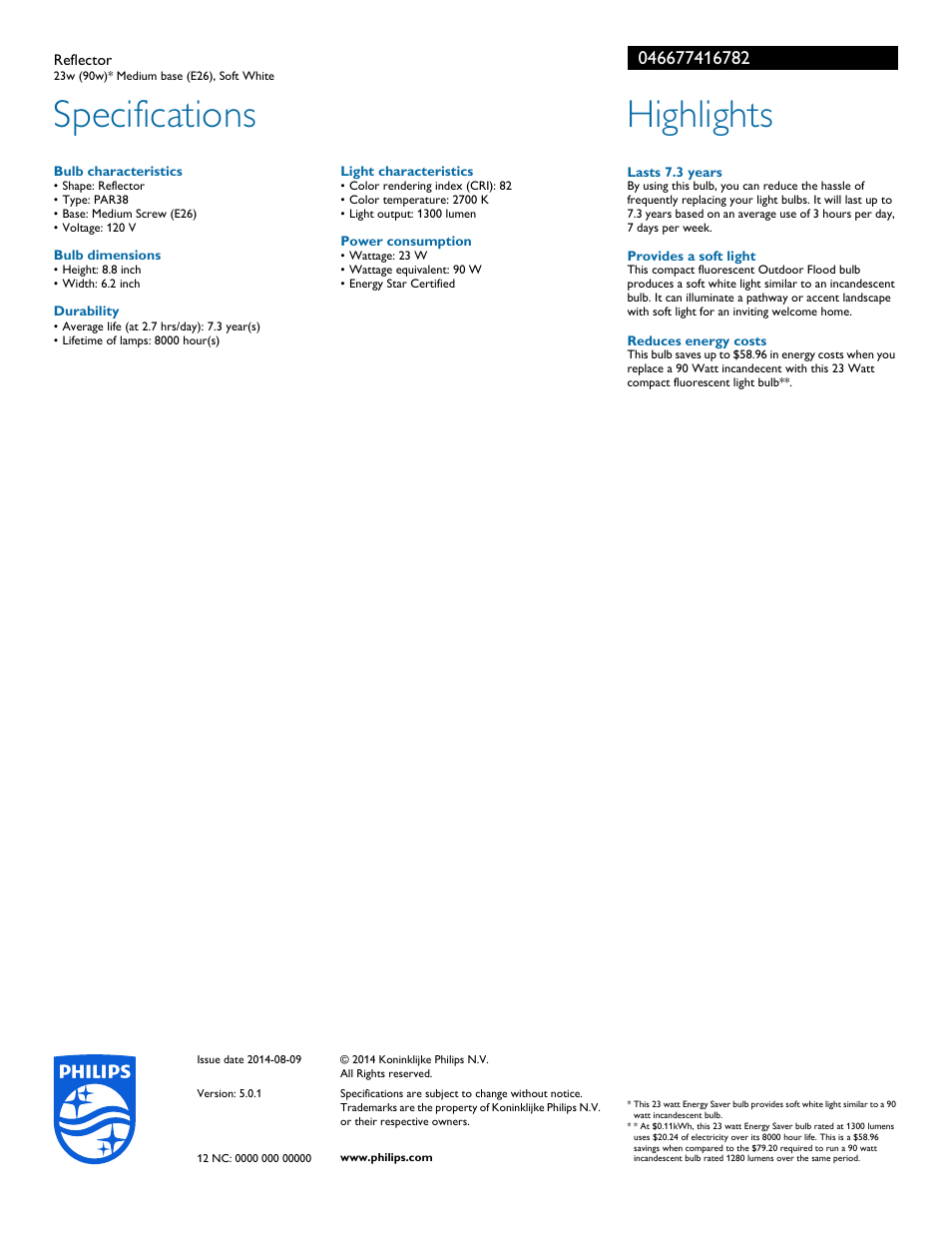 Specifications, Highlights | Philips 046677416782 User Manual | Page 2 / 2