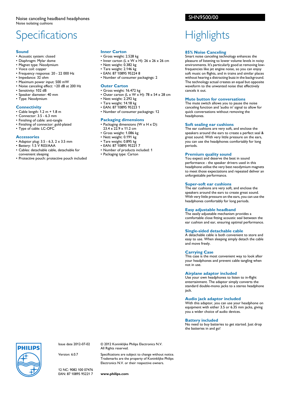 Specifications, Highlights | Philips SHN9500-00 User Manual | Page 2 / 2