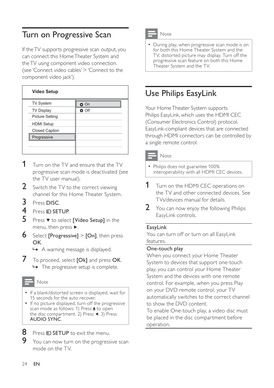 Use philips easylink, Turn on progressive scan | Philips HTS6120-37 User Manual | Page 24 / 52