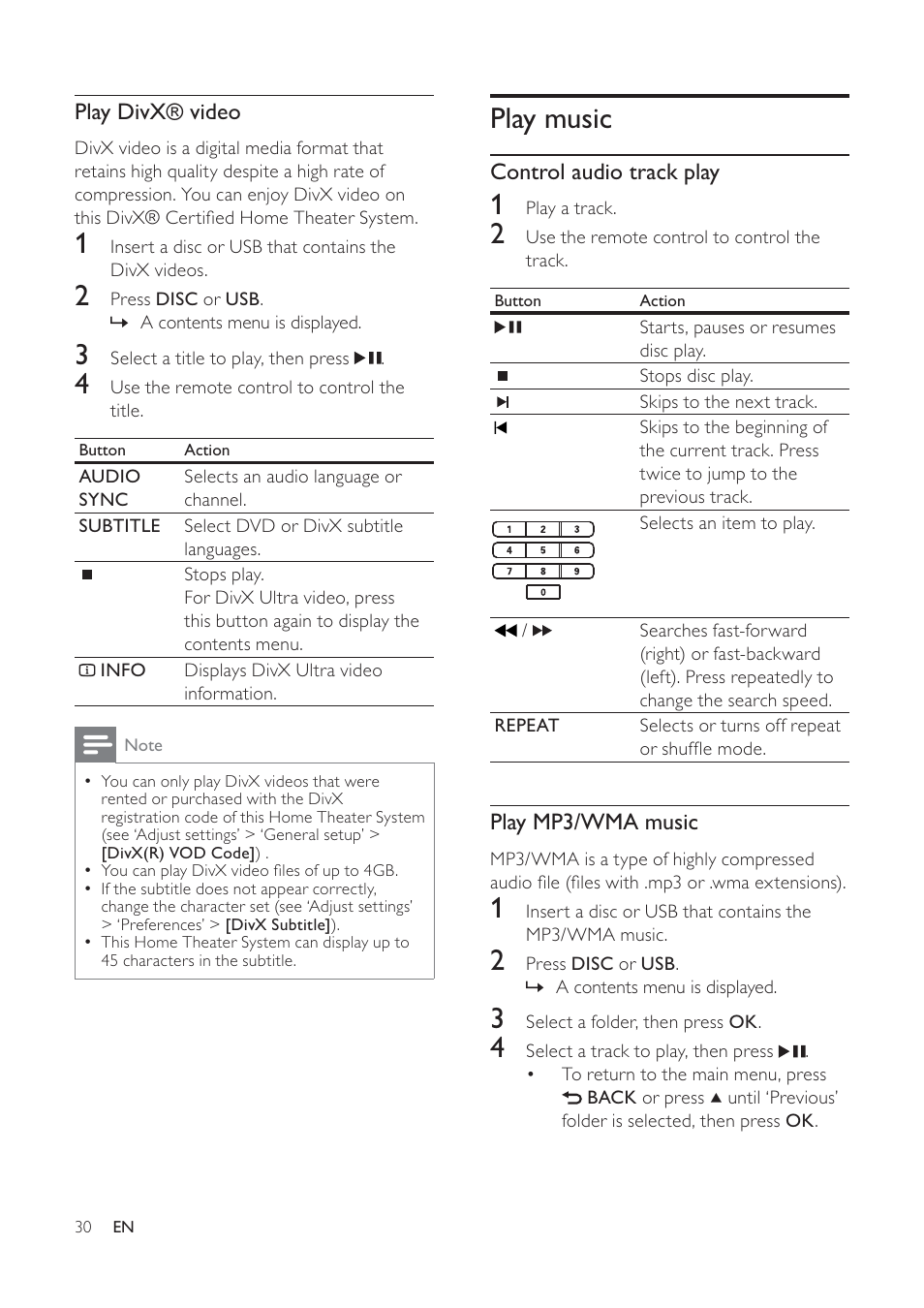 Play music | Philips HTS6120-37 User Manual | Page 30 / 52