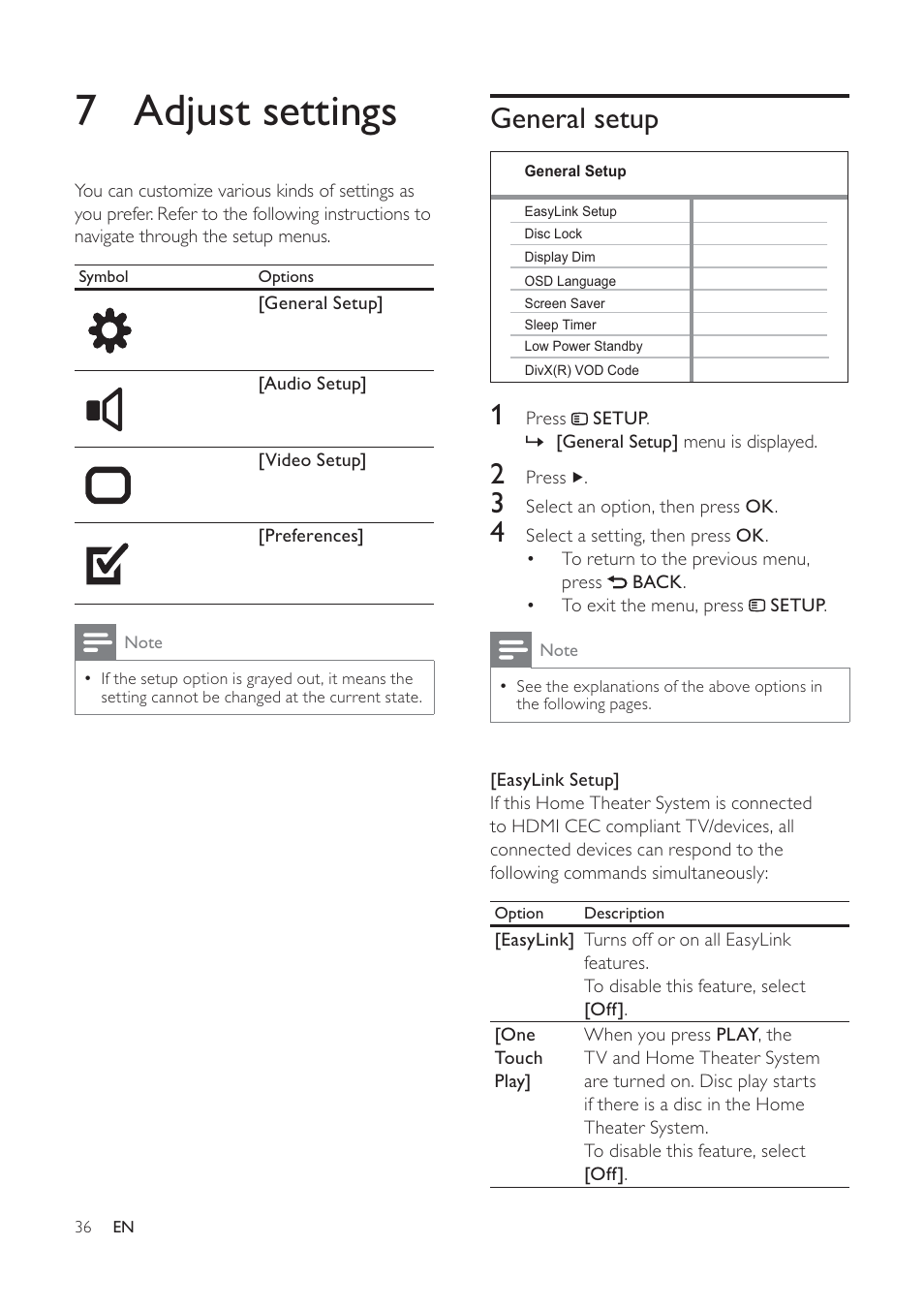 7 adjust settings | Philips HTS6120-37 User Manual | Page 36 / 52