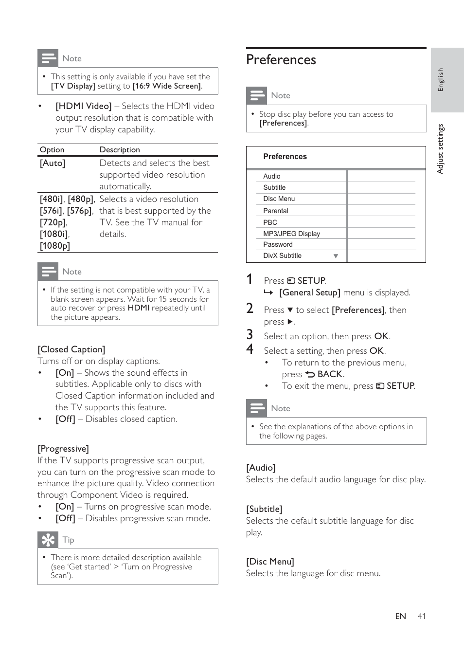 Preferences | Philips HTS6120-37 User Manual | Page 41 / 52