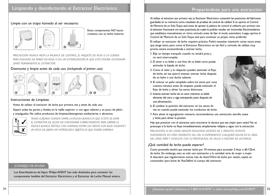 Preparándose para una extracción, Limpiando y desinfectando el extractor electrónico | Philips SCF312-01 User Manual | Page 17 / 39