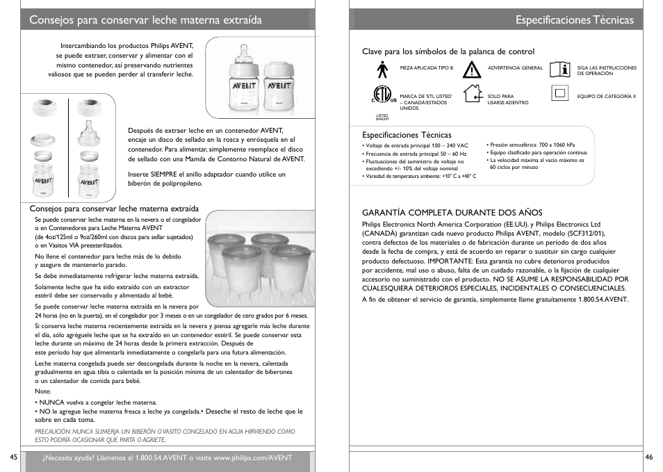 Especificaciones técnicas, Consejos para conservar leche materna extraída | Philips SCF312-01 User Manual | Page 24 / 39
