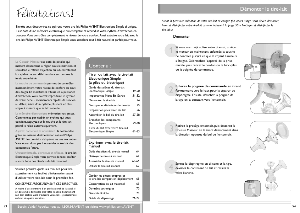 Félicitations, Contenu, Démonter le tire-lait | Philips SCF312-01 User Manual | Page 28 / 39