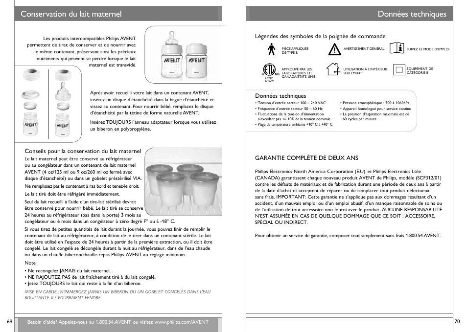 Données techniques, Conservation du lait maternel | Philips SCF312-01 User Manual | Page 36 / 39
