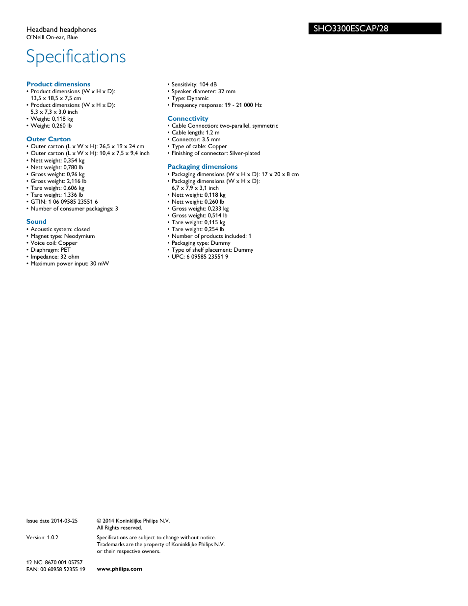 Specifications | Philips SHO3300ESCAP-28 User Manual | Page 3 / 3