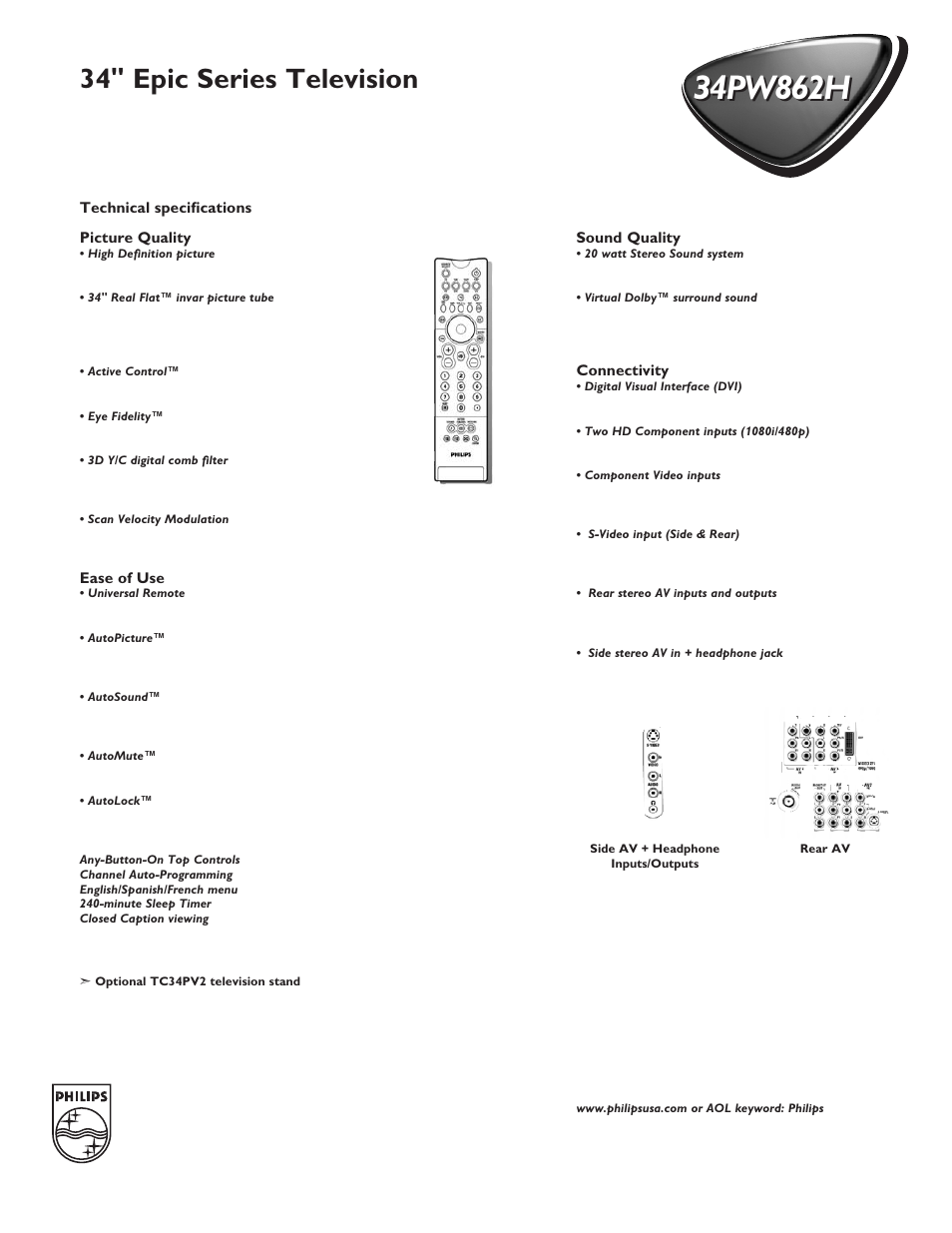 34" epic series television | Philips 34PW862H User Manual | Page 2 / 2