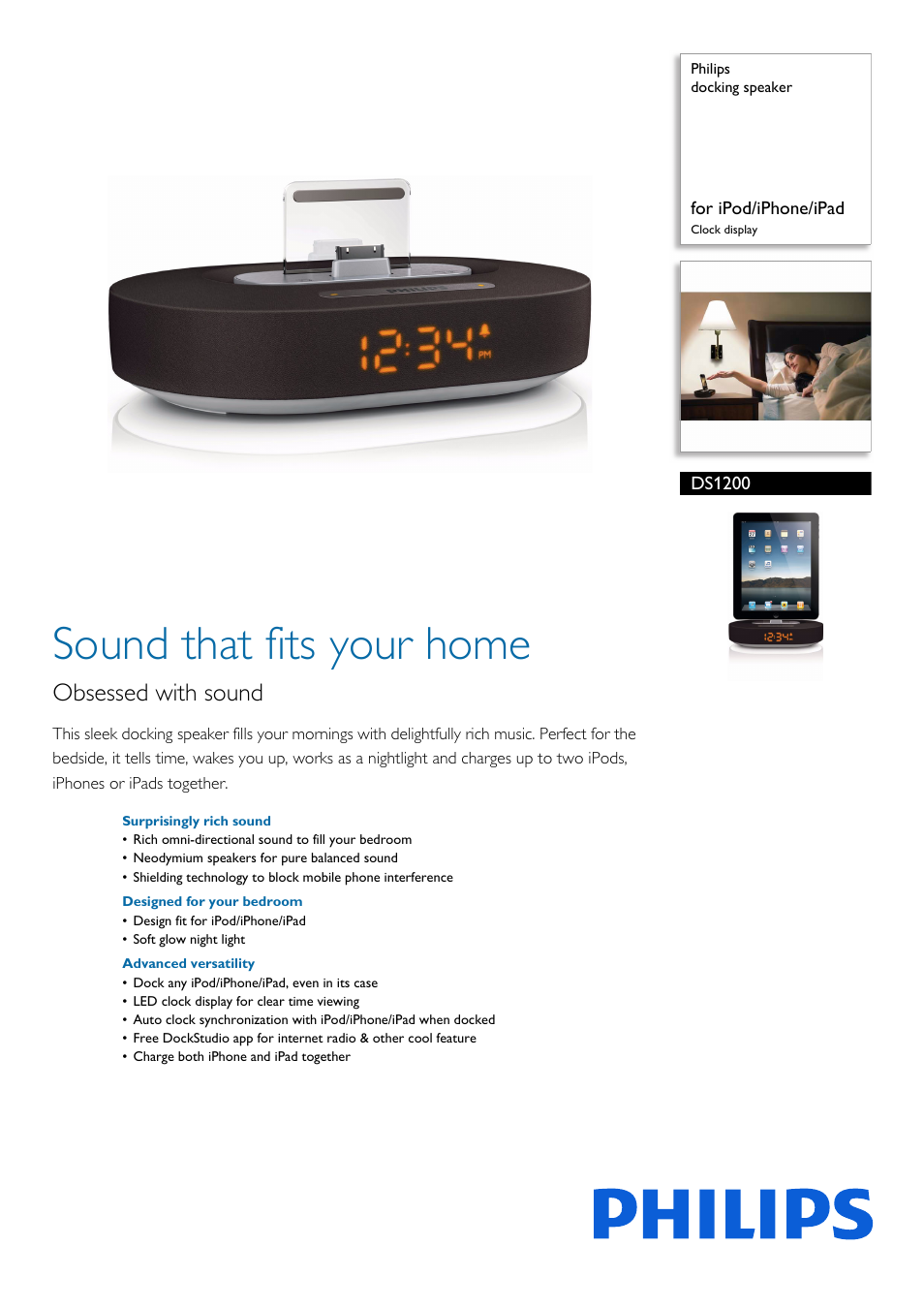 Philips docking speaker DS1200 for iPod-iPhone-iPad Clock display User Manual | 2 pages