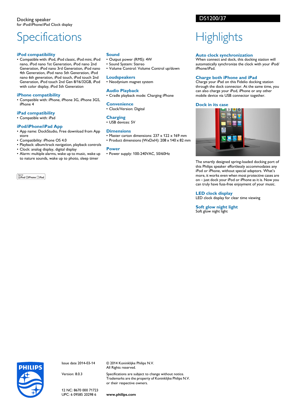 Specifications, Highlights | Philips docking speaker DS1200 for iPod-iPhone-iPad Clock display User Manual | Page 2 / 2