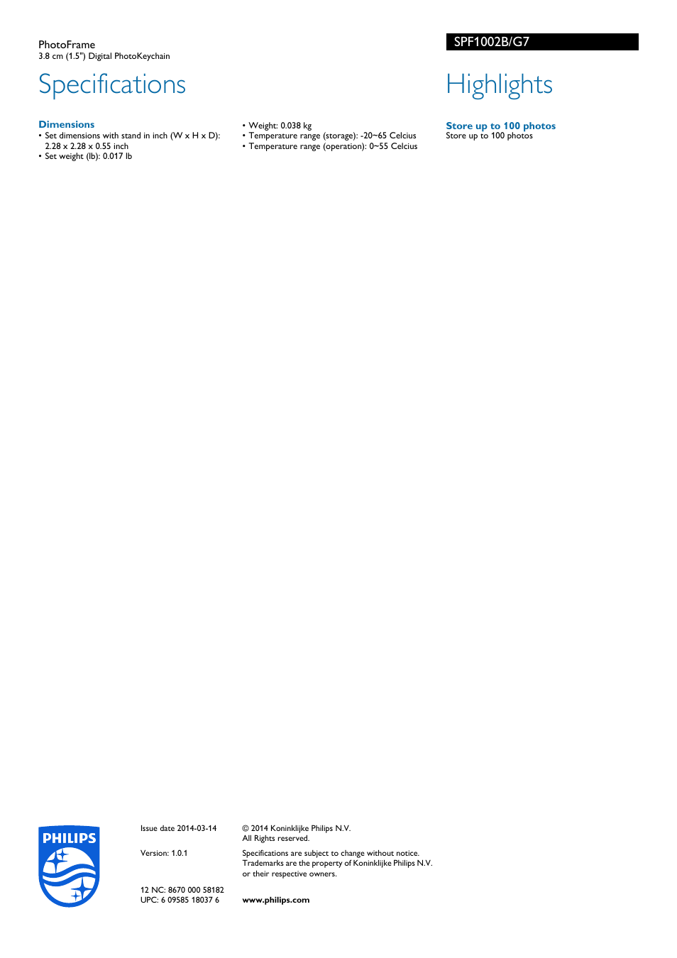 Specifications, Highlights | Philips SPF1002B-G7 User Manual | Page 2 / 2