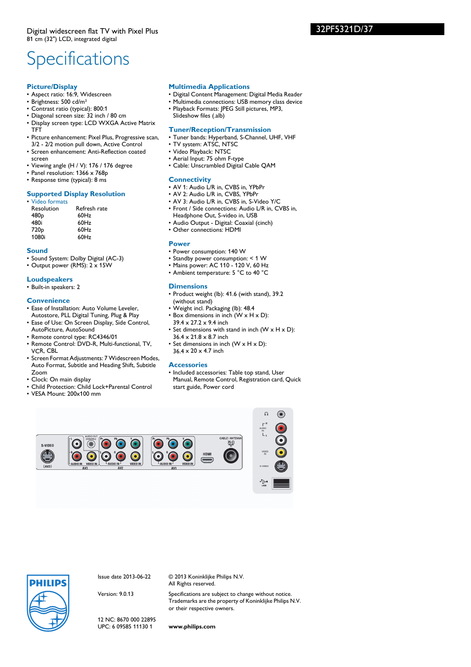 Specifications | Philips 32PF5321D-37 User Manual | Page 3 / 3