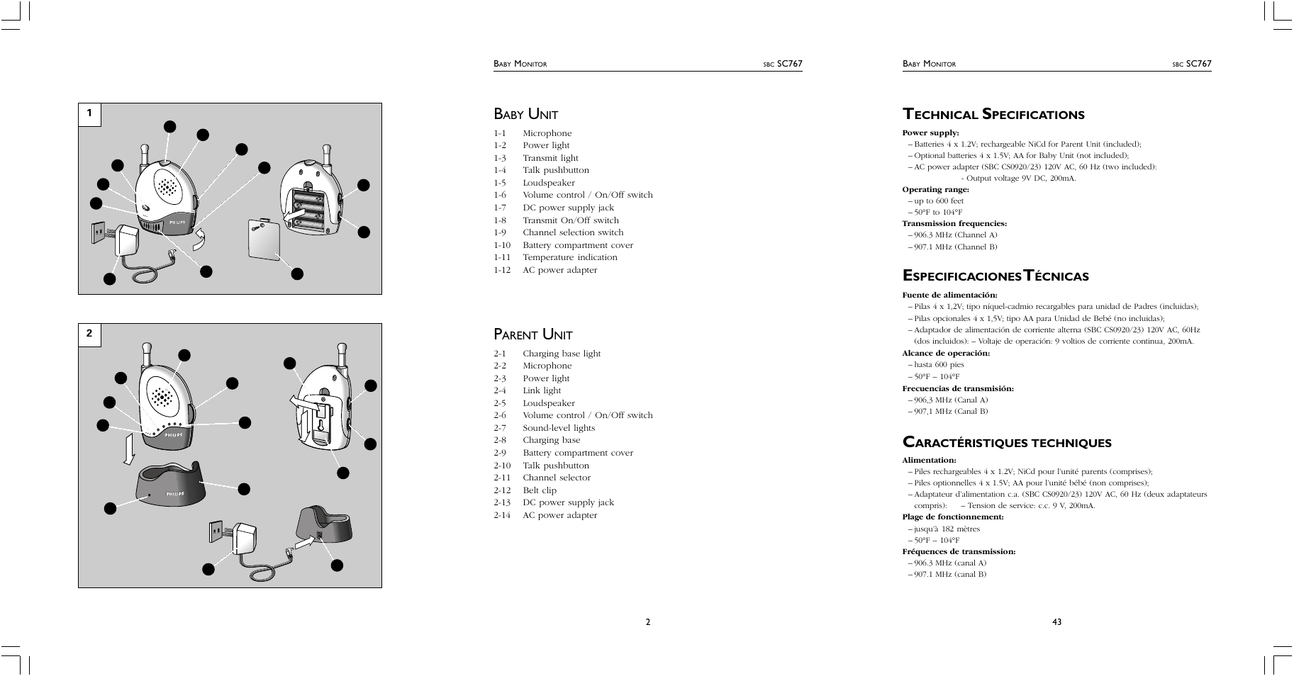 Arent, Echnical, Pecifications | Specificaciones, Écnicas, Aractéristiques, Techniques | Philips SBCSC76799 User Manual | Page 2 / 2