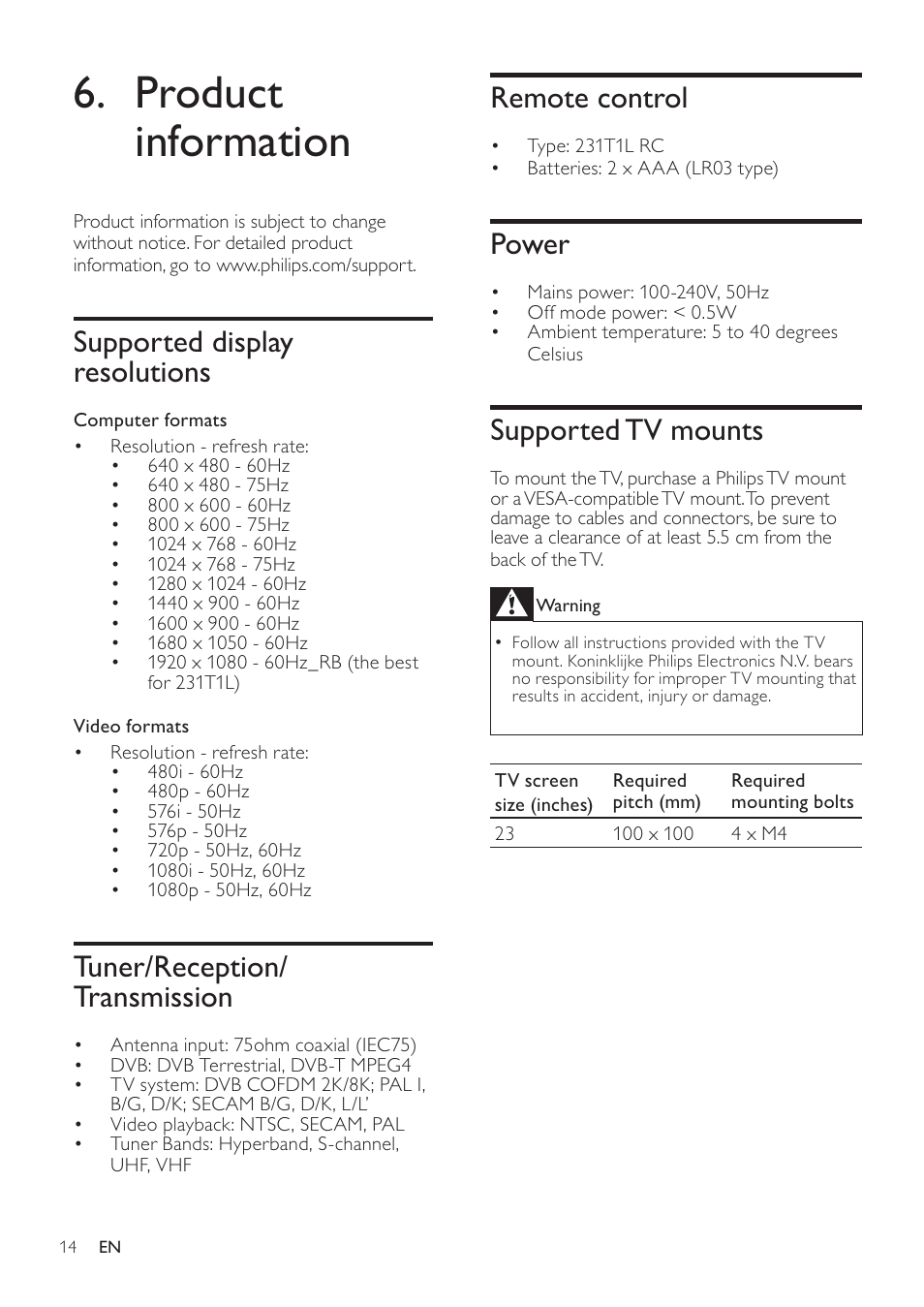 Product information, Remote control, Power | Supported tv mounts, Supported display resolutions, Tuner/reception/ transmission | Philips 231T1LSB-00 User Manual | Page 16 / 32