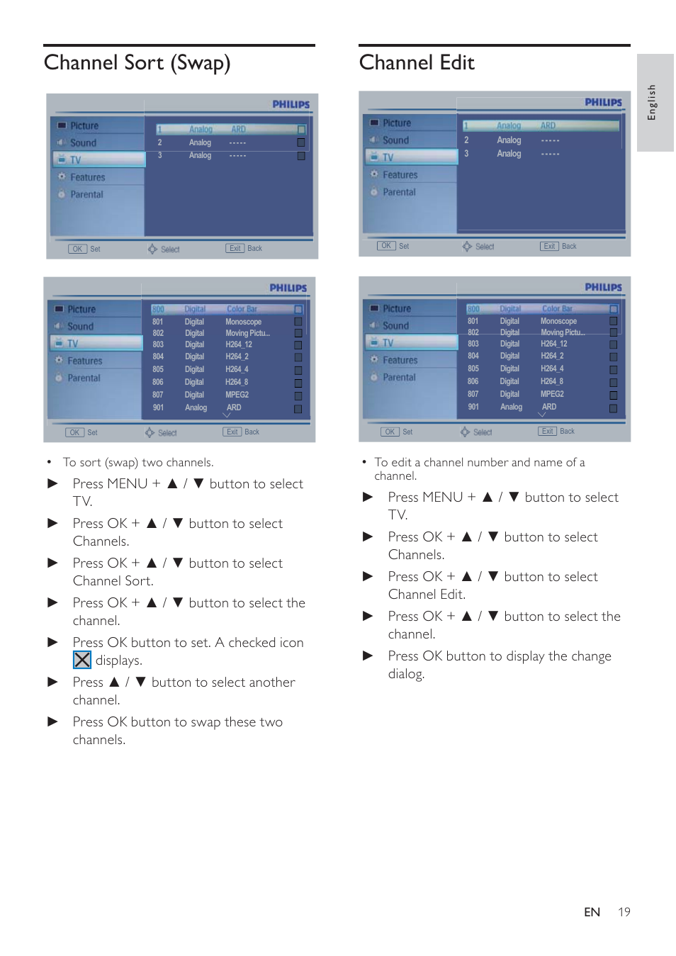 Channel edit, Channel sort (swap) | Philips 231T1LSB-00 User Manual | Page 21 / 32