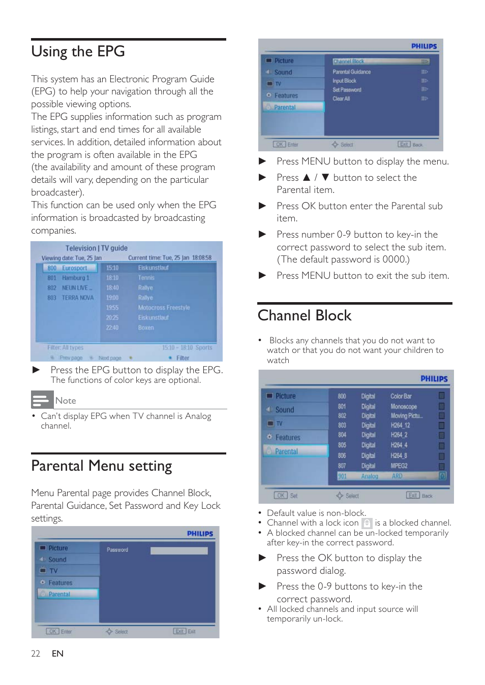 Channel block, Using the epg, Parental menu setting | Philips 231T1LSB-00 User Manual | Page 24 / 32