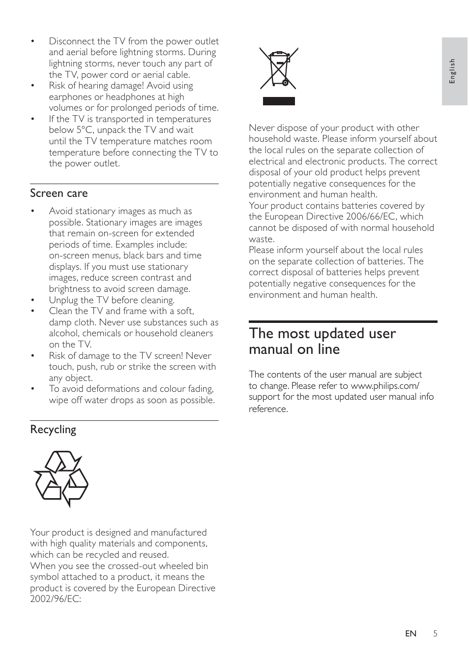 The most updated user manual on line, Screen care, Recycling | Philips 231T1LSB-00 User Manual | Page 7 / 32