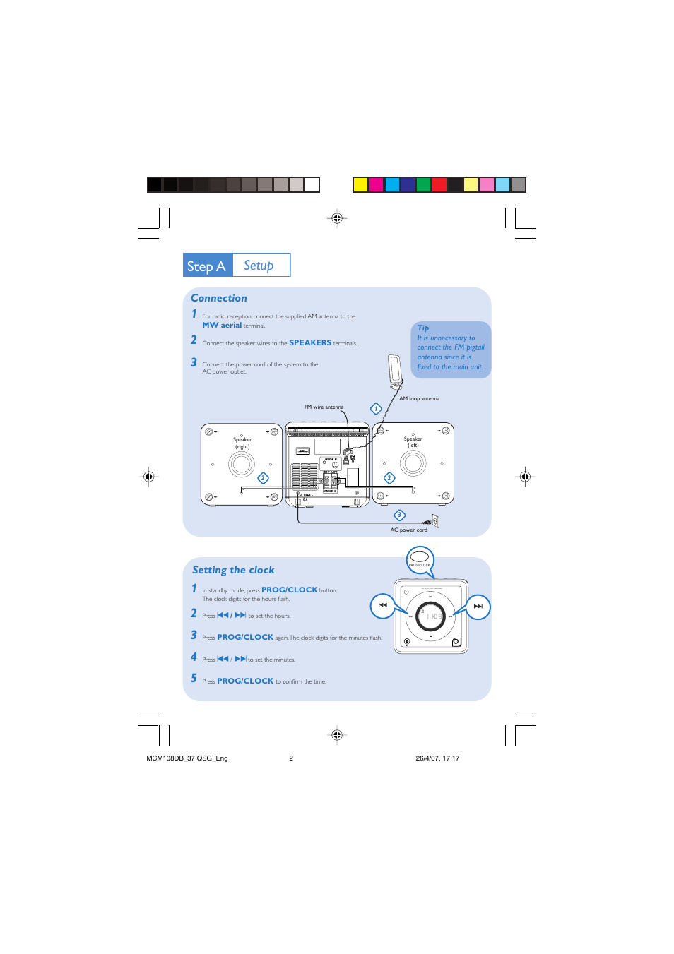Step a, Setup, Connection | Setting the clock | Philips MP3-WMA-CD playback Micro Hi-Fi System User Manual | Page 2 / 4