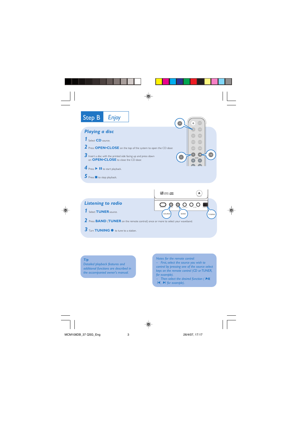 Step b, Enjoy, Playing a disc | Listening to radio | Philips MP3-WMA-CD playback Micro Hi-Fi System User Manual | Page 3 / 4