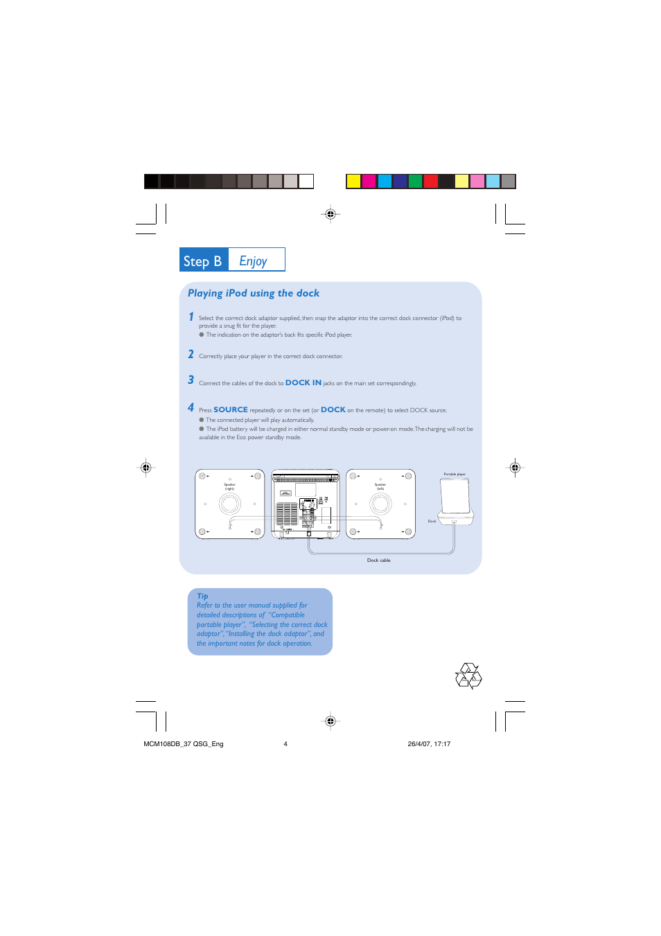 Step b, Enjoy, Playing ipod using the dock | Philips MP3-WMA-CD playback Micro Hi-Fi System User Manual | Page 4 / 4