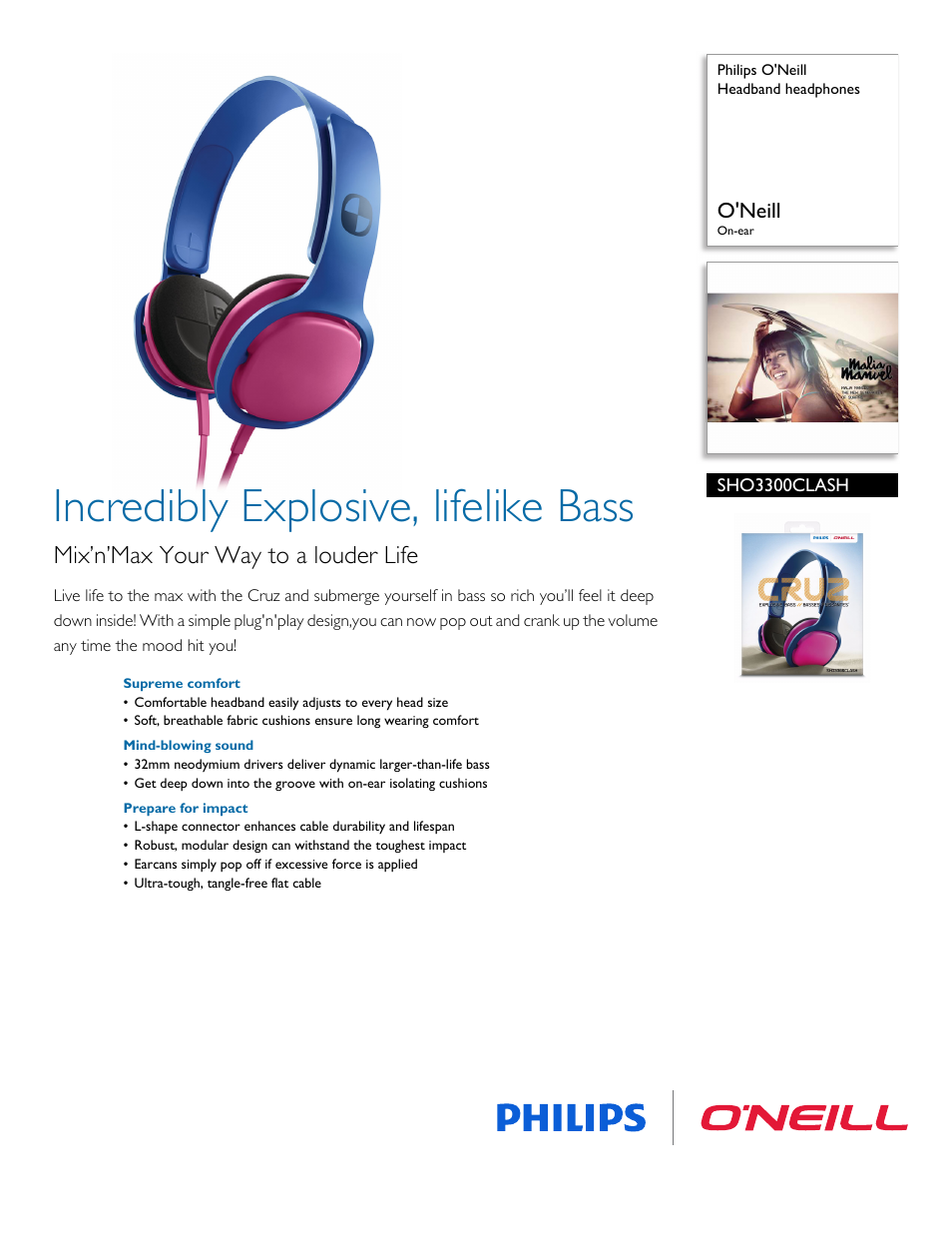 Philips O'Neill Headband headphones SHO3300CLASH O'Neill On-ear User Manual | 3 pages