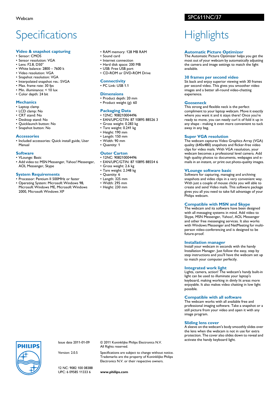 Specifications, Highlights | Philips SPC611NC-37 User Manual | Page 2 / 2