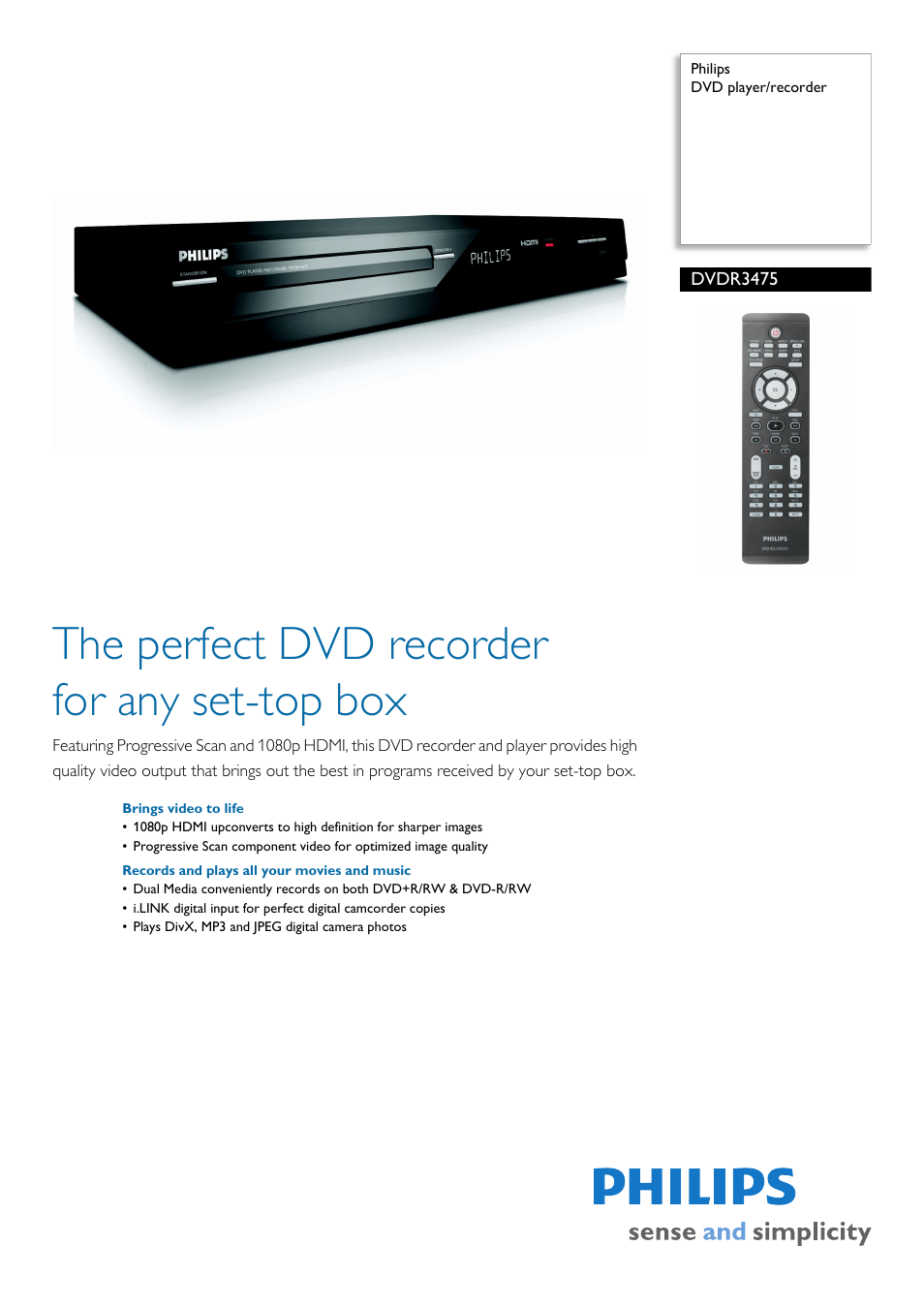 Philips DVDR3475-37 User Manual | 2 pages