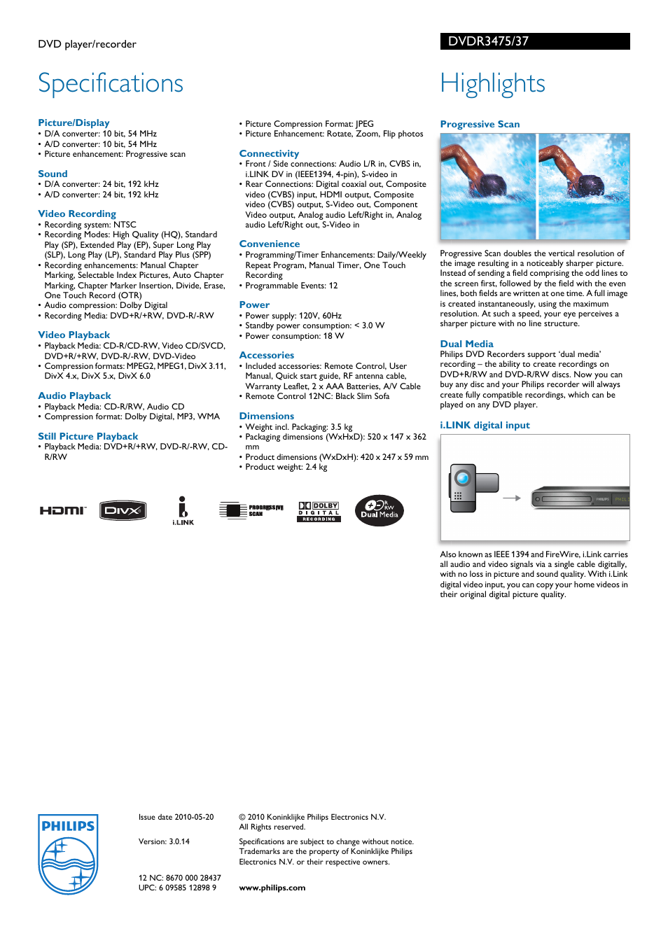 Specifications, Highlights | Philips DVDR3475-37 User Manual | Page 2 / 2