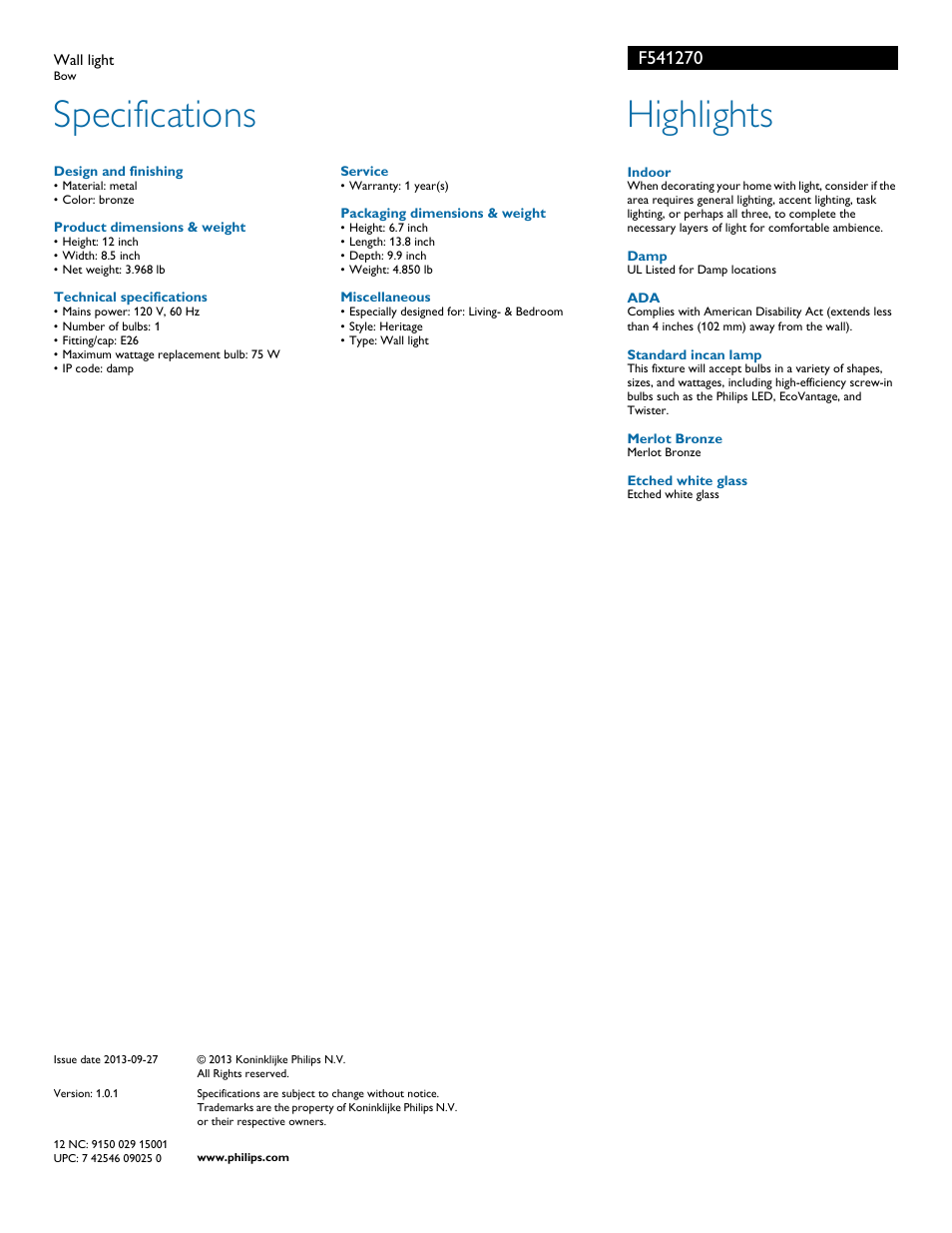 Specifications, Highlights | Philips F541270 User Manual | Page 2 / 2