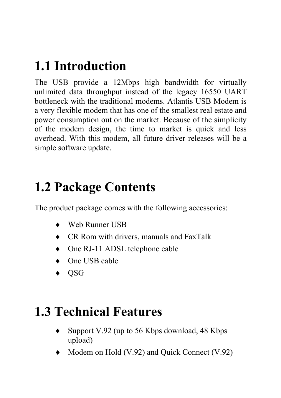 1 introduction, 2 package contents, 3 technical features | Atlantis Land WEB RUNNER 56K V.90/V.92 User Manual | Page 5 / 14