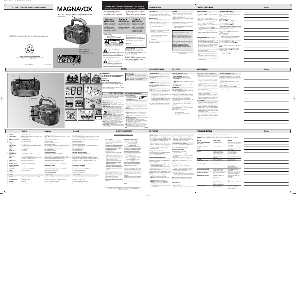Philips PORTABLE RADIO CASS REC + CD User Manual | 3 pages