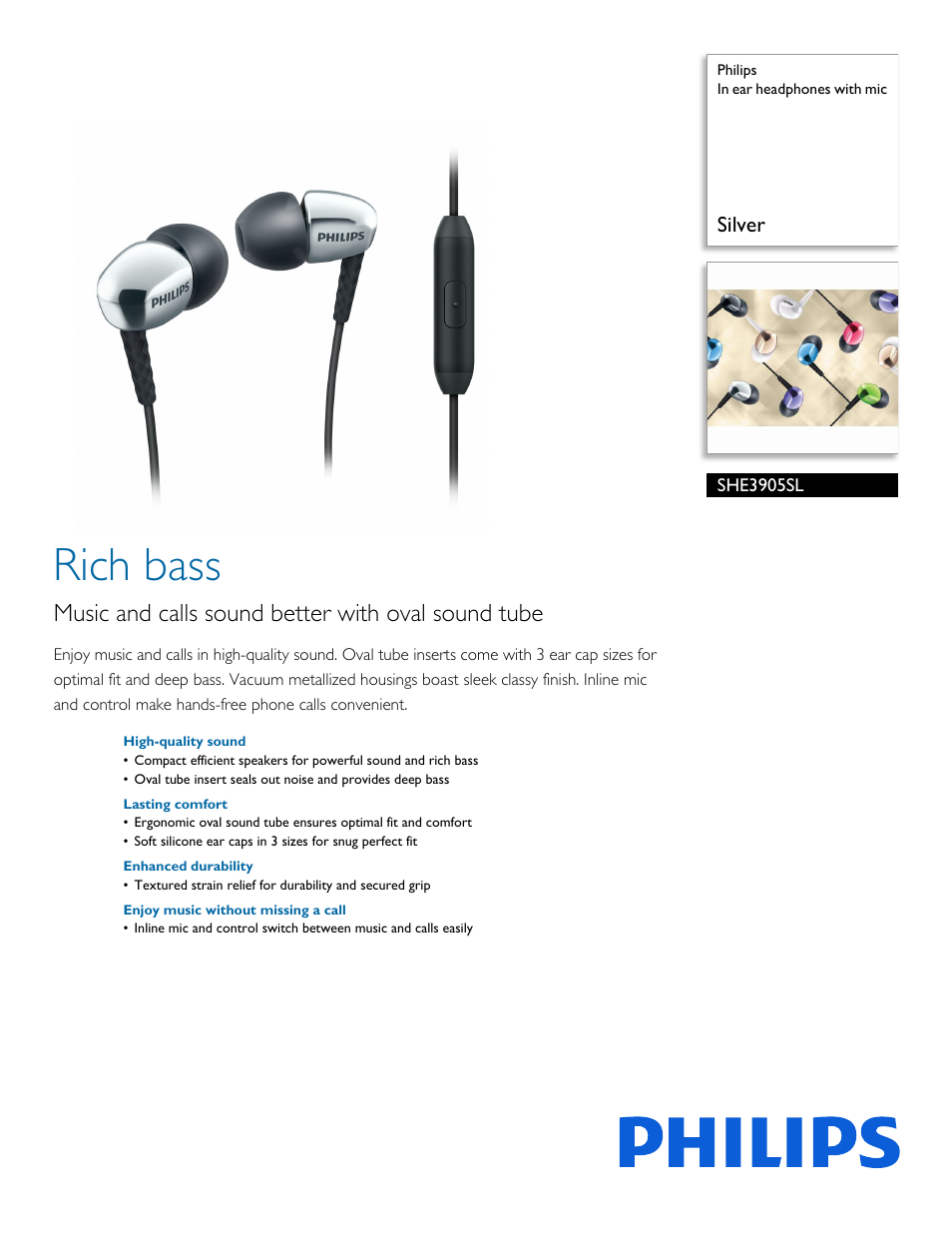 Philips In ear headphones with mic SHE3905SL Silver User Manual | 2 pages