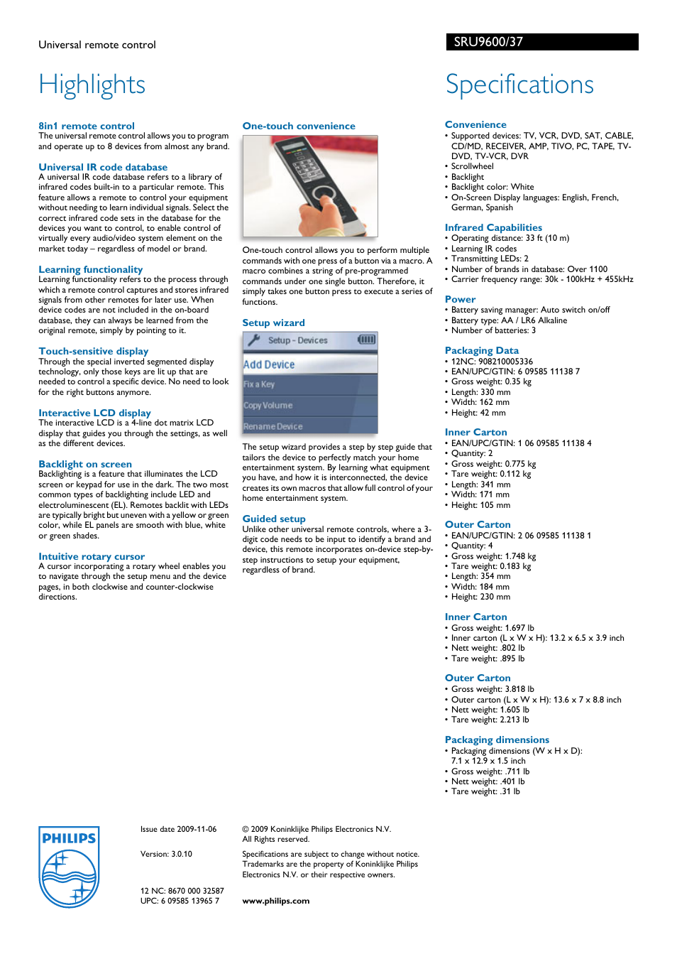 Highlights, Specifications | Philips SRU9600-37 User Manual | Page 2 / 2